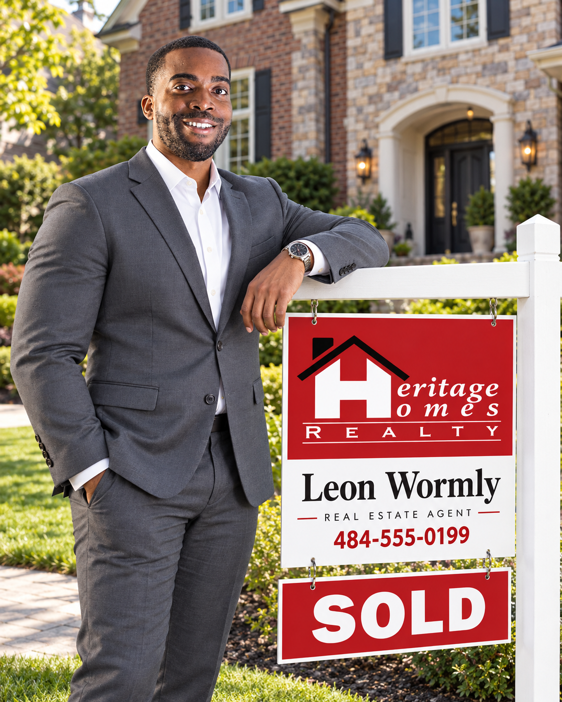 Your Heritage Homes Realty agent beside a sold yard sign