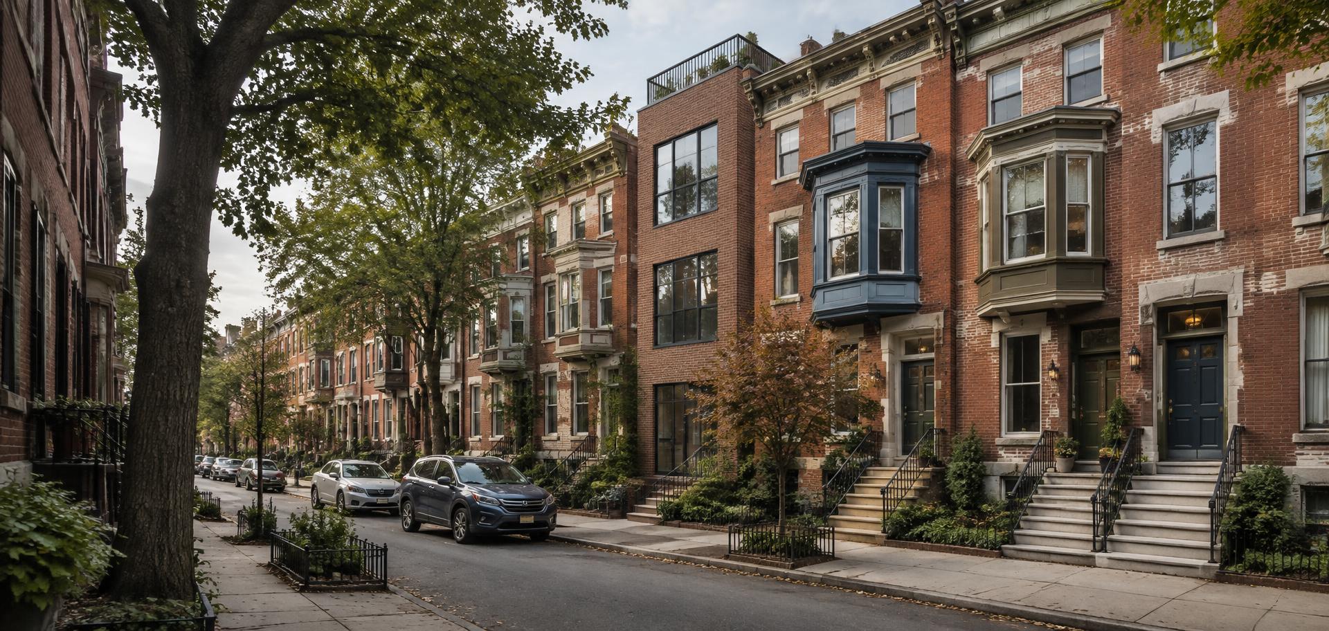 Classic Philadelphia brick rowhomes and tree-lined sidewalks