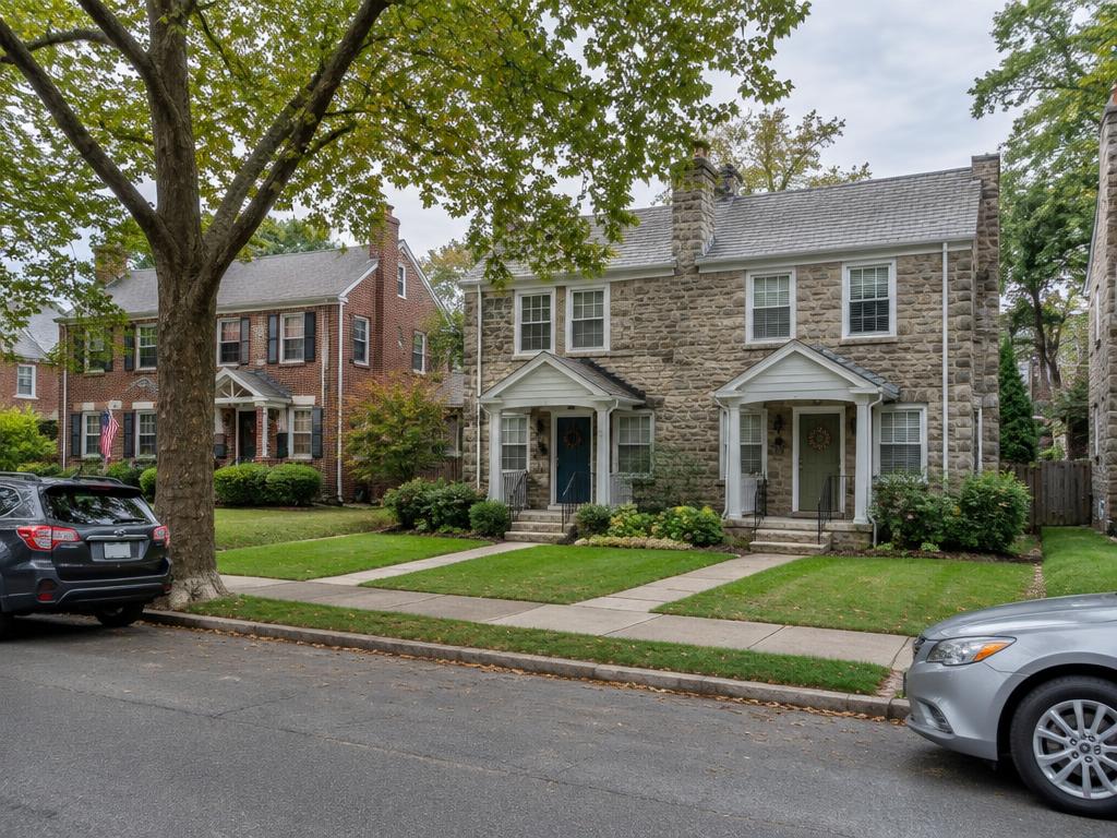 Philadelphia suburban stone home on a tree-lined street